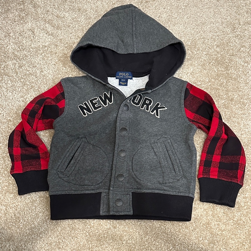 Polo by Ralph Lauren Kids Gray Hoodie with Red Plaid Sleeves-Size 3T